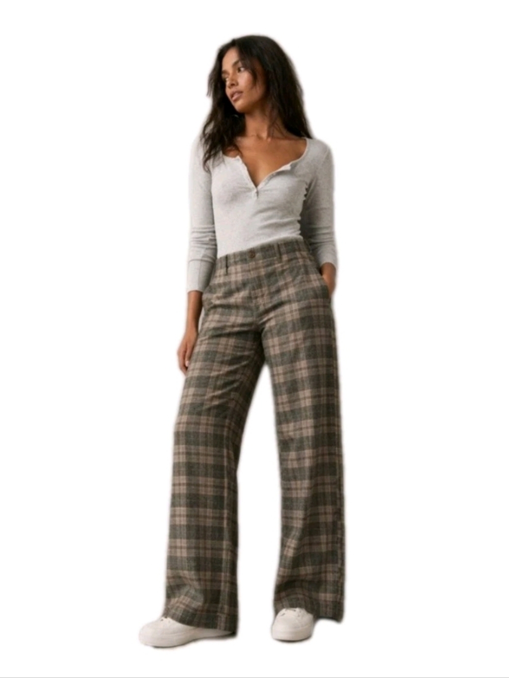 Size 8 American Eagle High Waist Wide Leg Plaid Trouser Pants Brown Office Work
